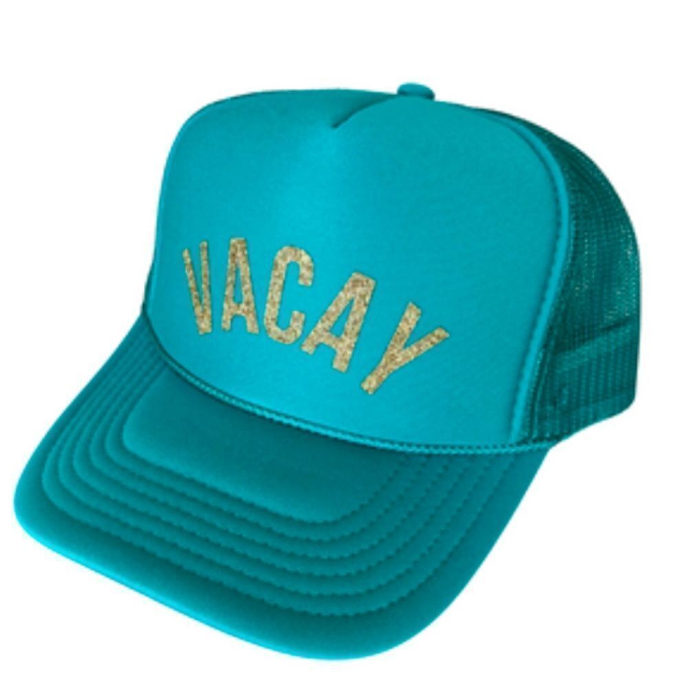 Teal Snap Back Trucker Hat BRAND NEW - VACAY Gold Glitter Writing - NWT